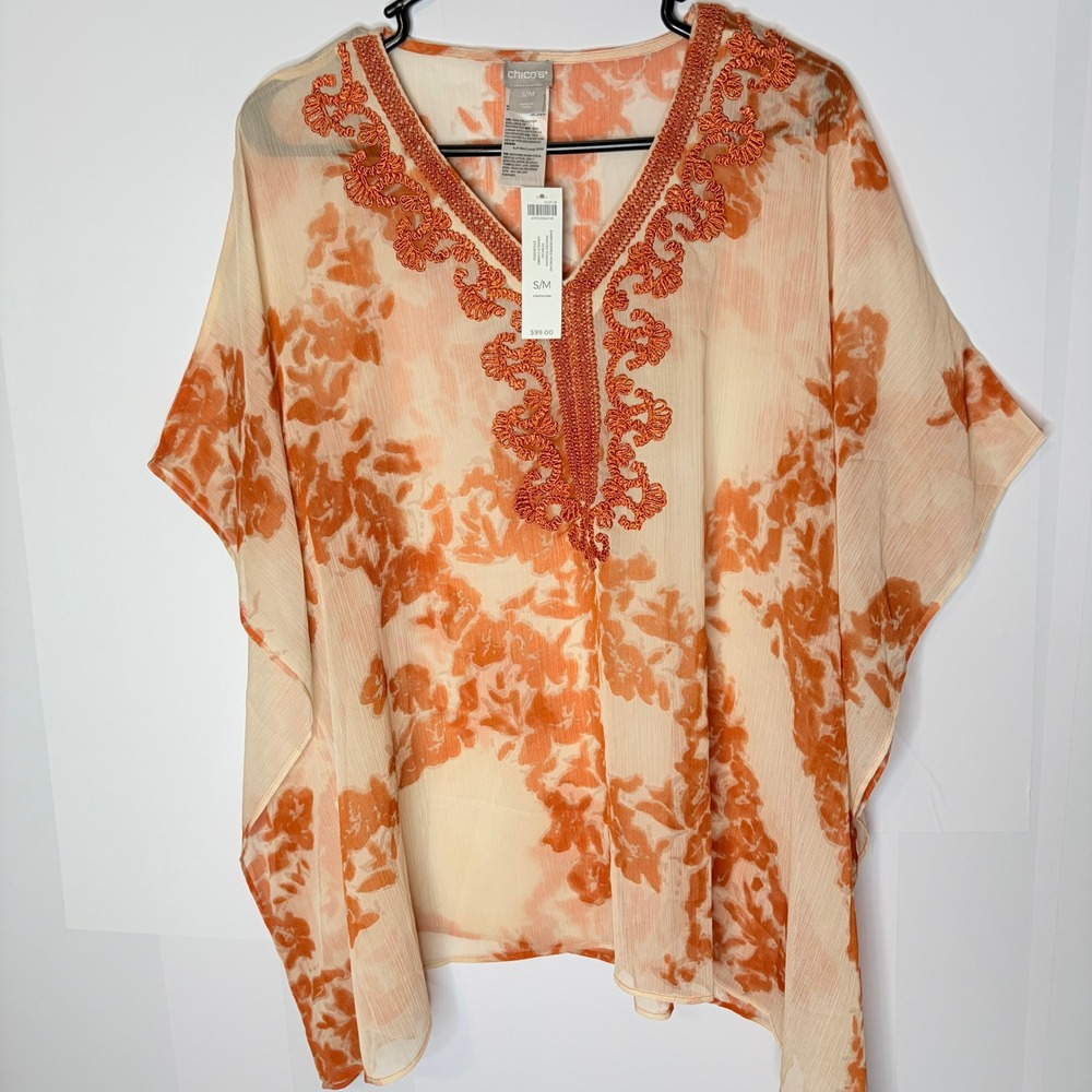 Chico's NWT Embroidered Poncho S/M Boho Orange Floral Sheer Tunic Kaftan Top